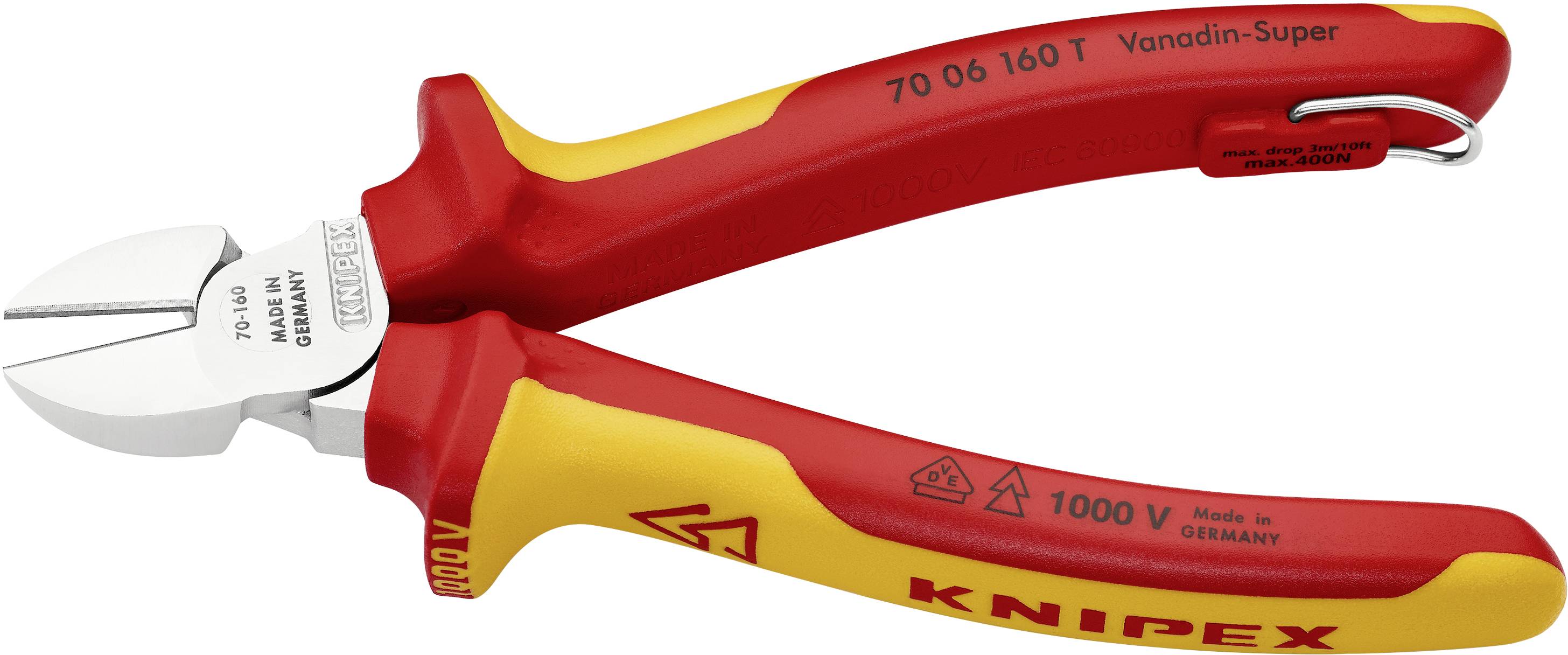 Stranski rezalnik z rdečim in rumenim ročajem. Napis: 'KNIPEX', 'Made in Germany', 1000V. Primeren za dela na električnih napravah.