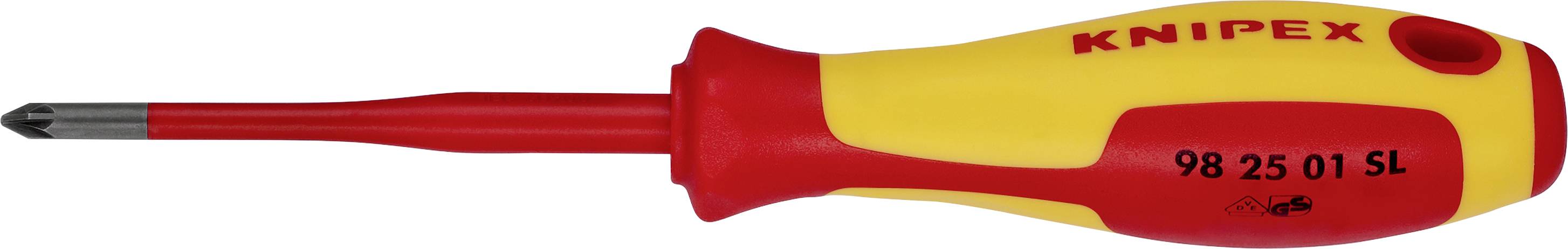 Rumeno-rdeč izvijač z izoliranim ročajem in črnim konicam. Na ročaju piše 'KNIPEX 98 25 01 SL'.