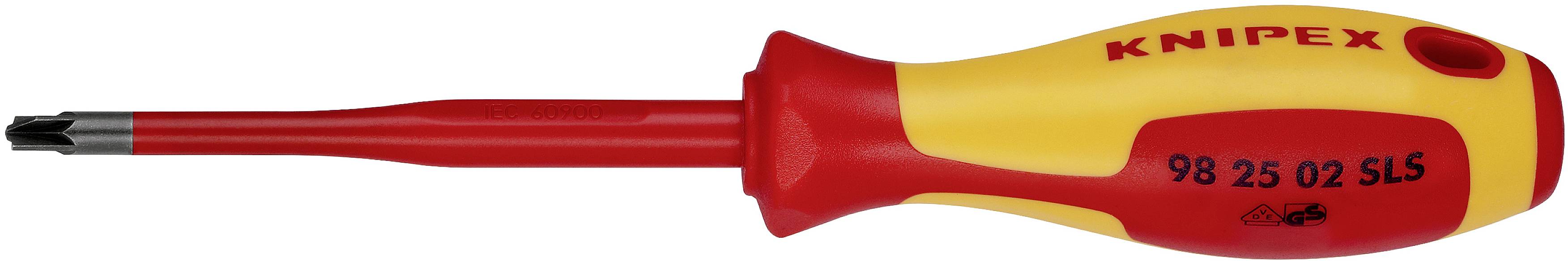 Izoliran izvijač z rumenim in rdečim ročajem, primeren za električna dela, označen z 'Knipex'.