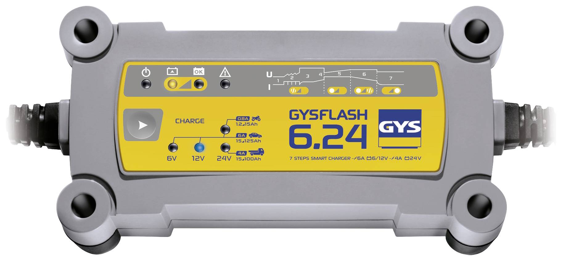 Sivo-rumena polnilna postaja za baterije z napisom 'GYSFLASH 6.24', ki prikazuje več tipk za načine delovanja in indikator stanja polnjenja.