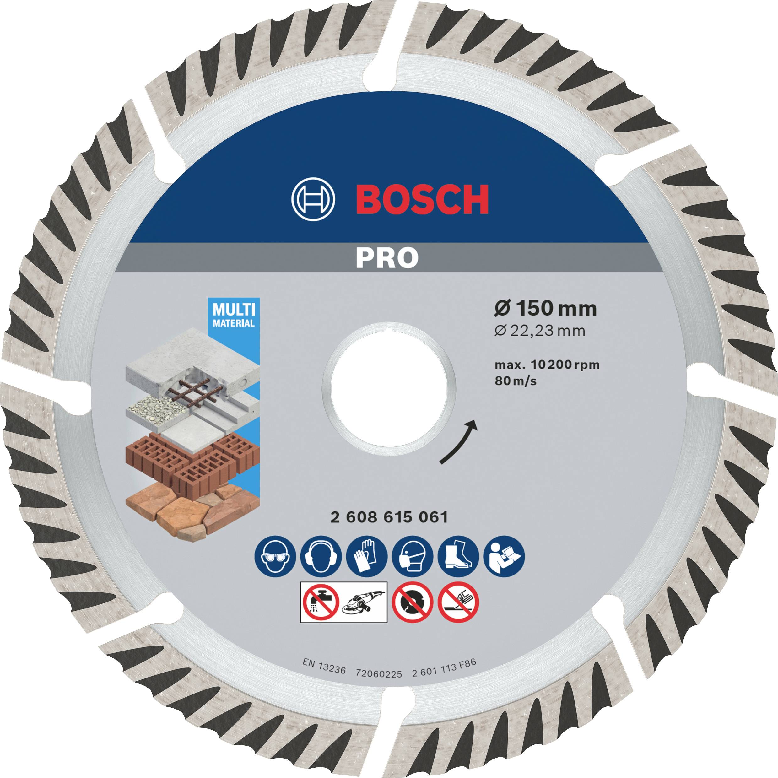 Krožna žaga Bosch za 'Multi Material' s premerom 150 mm, primerna za opeko in ploščice. Maksimalno število vrtljajev: 10.200 obratov/min.