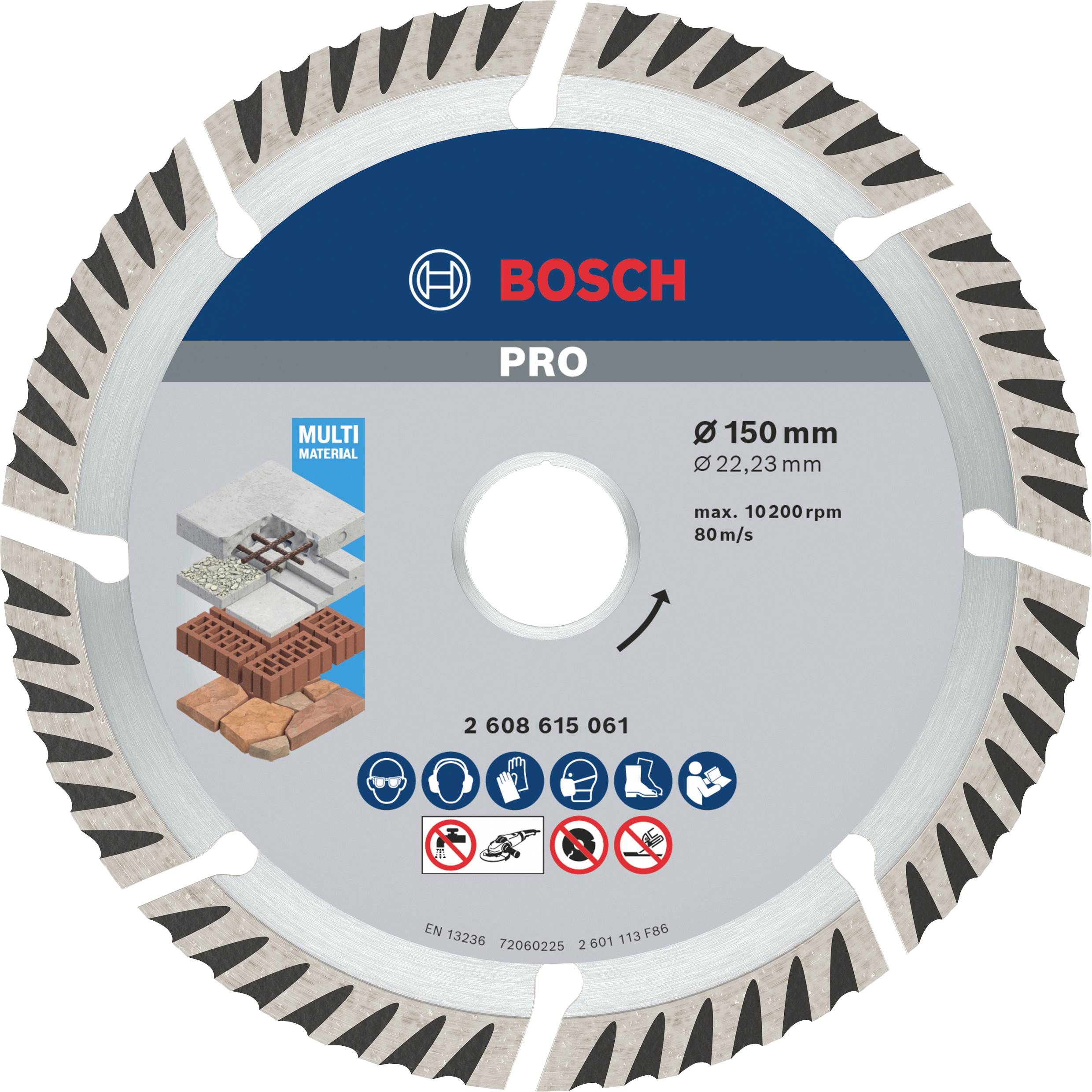 Diamantna plošča Bosch, premer 150 mm, primerna za beton in druge materiale. Maksimalna hitrost: 10200 obratov/min.