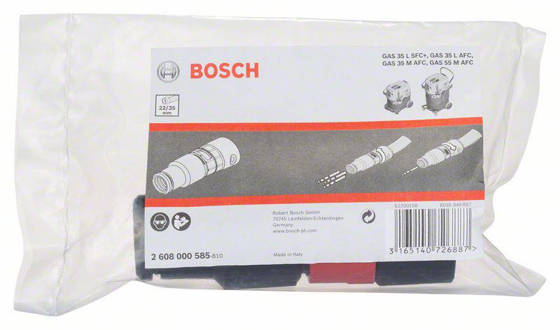 Embalaža Bosch-dodatne opreme za čistilne naprave, z navodilnimi skicami za uporabo. Vsebuje varnostne in produktne informacije.