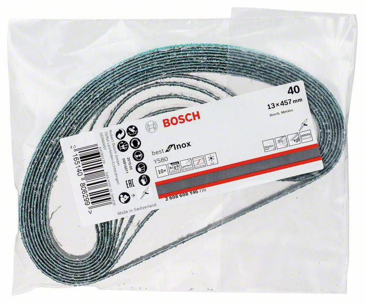 Set brusilnih trakov znamke Bosch, dimenzije 13 x 457 mm, granulacija 40, za brusilne stroje. Primeren predvsem za obdelavo lesa.