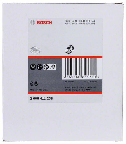 Nalepka na embalaži Boschevega izdelka z črtno kodo in modelnimi številkami 'GSS 18V-10' in 'GSS 18V-LI'. Izdelano na Maleziji.