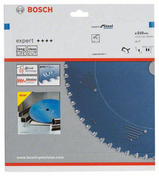 'Embalaža žaginega lista znamke Bosch. Prikazuje moder žagin list z več logotipi: Expert, Long Life, Clean Cut. Premer 210 mm.'