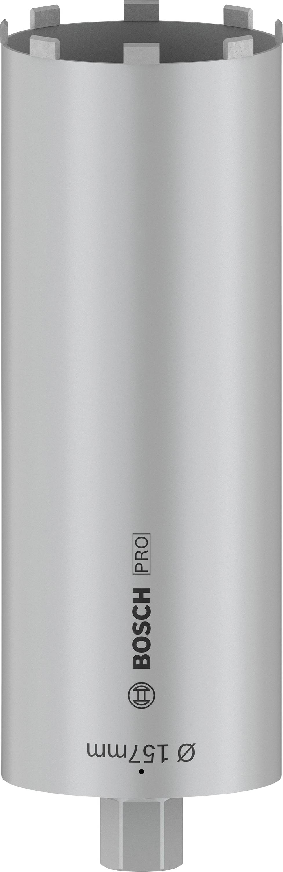 'Bosch Pro' votla vrtalna krona s premerom 157 mm, namenjena natančnemu vrtanju v beton. Srebrne cilindrične oblike.