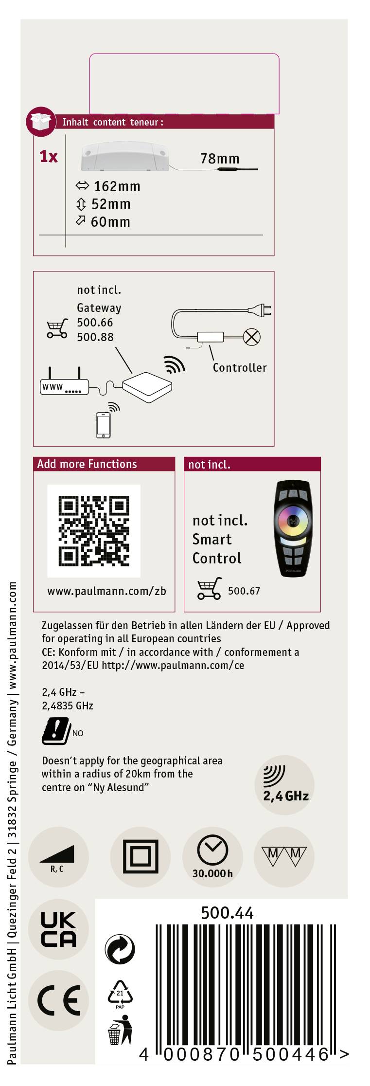 Zadnja stran embalaže daljinskega upravljalnika. Vsebuje mere, simbole za krmilnik in LED, QR-kodo za navodila in črtno kodo spodaj.