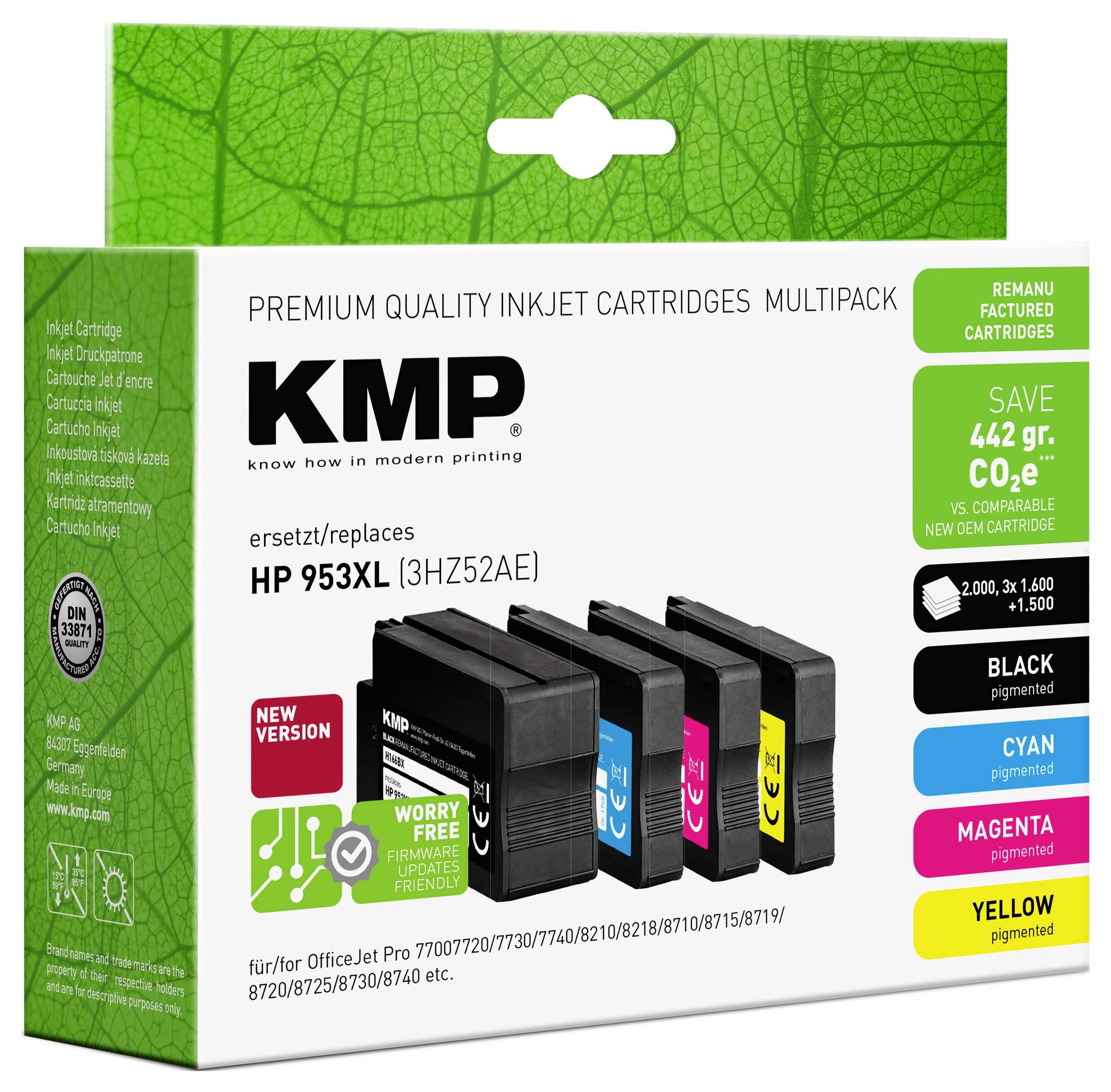 KMP večpakirni črnilni patrončki za HP 953XL, prikazujoči črne, cianove, magentane in rumene nadomestne patrončke ter zahtevke za prihranek.