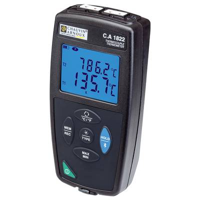Digitalni termometer 'C.A 1822' z modrim zaslonom prikazuje temperature 78,6°C in 135,7°C. Spodaj so tipke za funkcije.