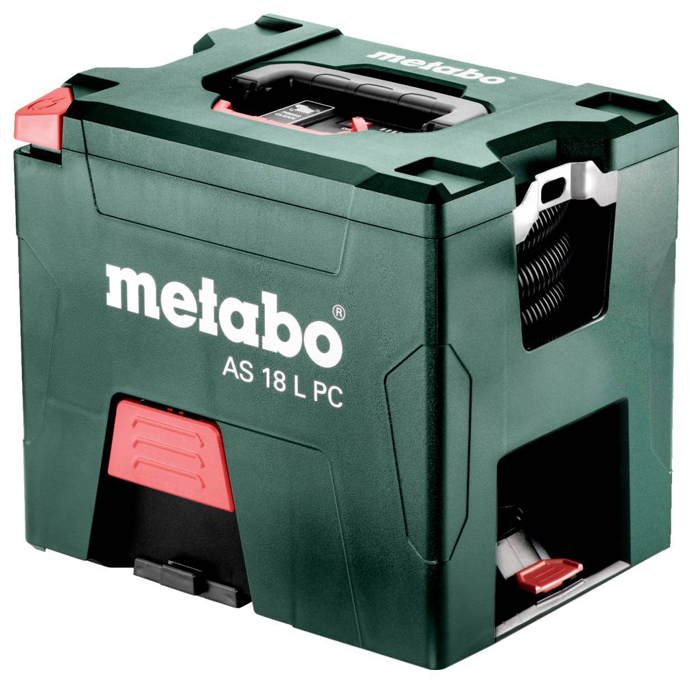 Zeleni sesalnik Metabo AS 18 L PC s kompaktno kvadratno zasnovo, z vidnimi ročaji in gumbi ter logotipom Metabo na strani.