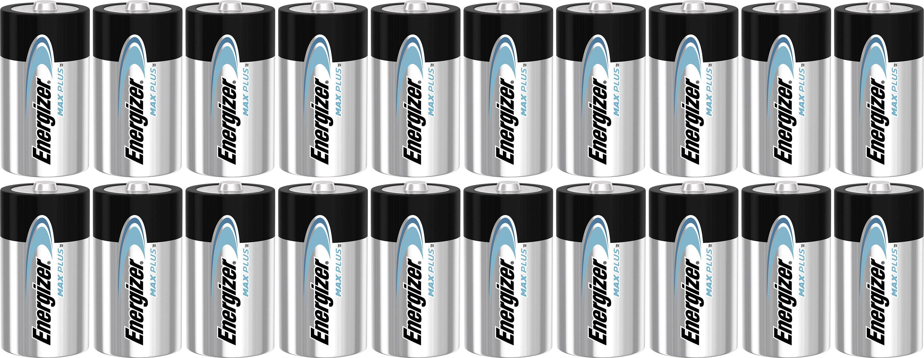 Vrsta 20 srebrnih baterij z črnimi in modrimi poudarki, ki nosijo logotip 'Energizer Max'.