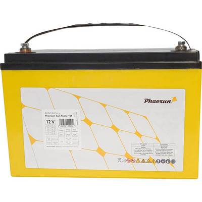 Rumena baterija s črnim zgornjim robom in ročajem. Napis: 'Phaesun Sun Store 115, AGM baterija, 12V'.