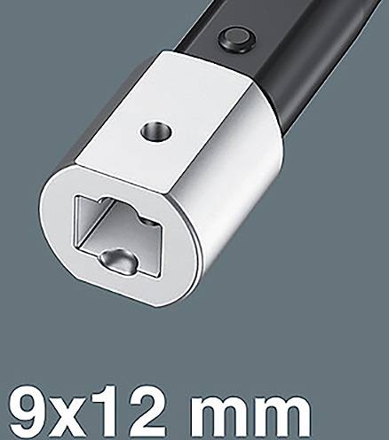 Srebrno-črn priključek orodja, označen kot '9x12 mm', z kvadratno odprtino in manjšo okroglo luknjo, verjetno za ključ ali adapter.