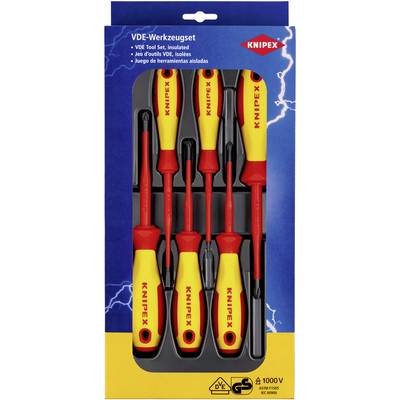 Komplet KNIPEX VDE orodij s šestimi izoliranimi izvijači v embalaži pred modrim ozadjem z motivom strele.