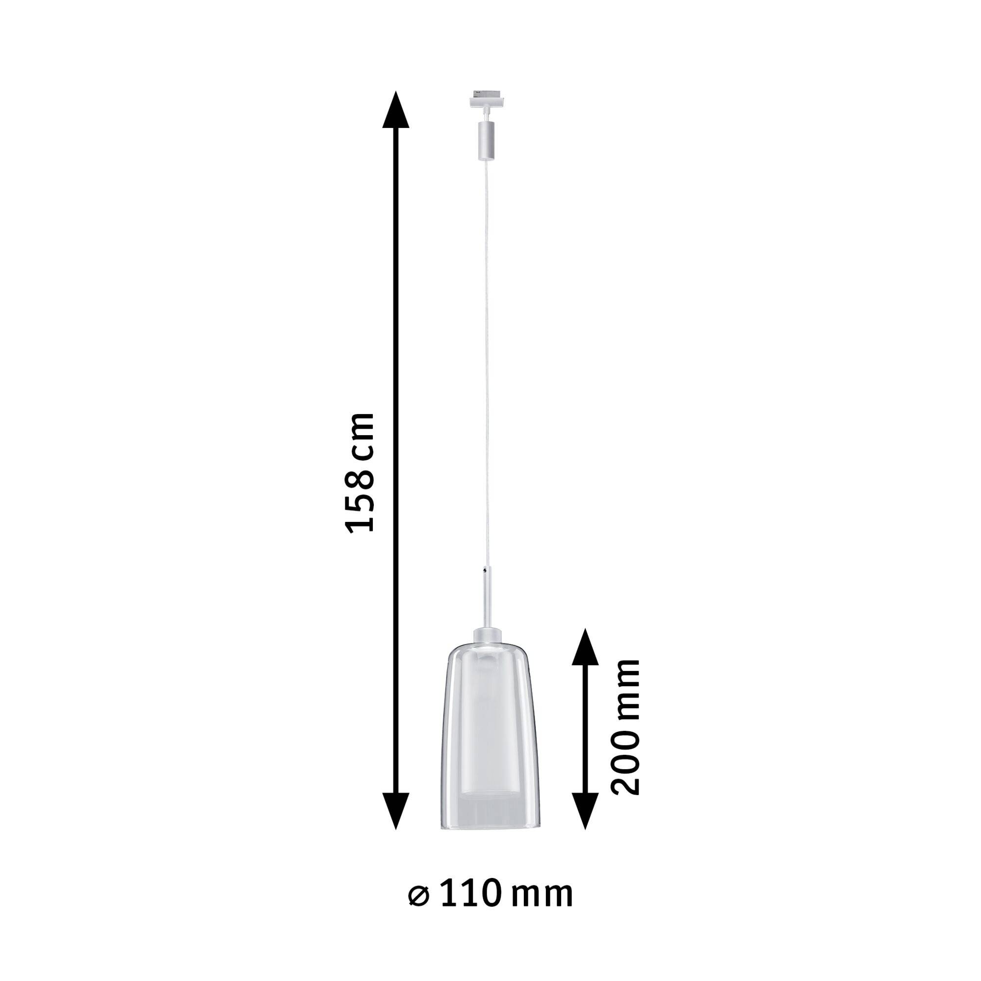 Viseča svetilka s cilindričnim steklenim pokrovom, skupna dolžina 158 cm. Premer 110 mm, višina steklenega pokrova 200 mm. Idealna za notranje prostore.