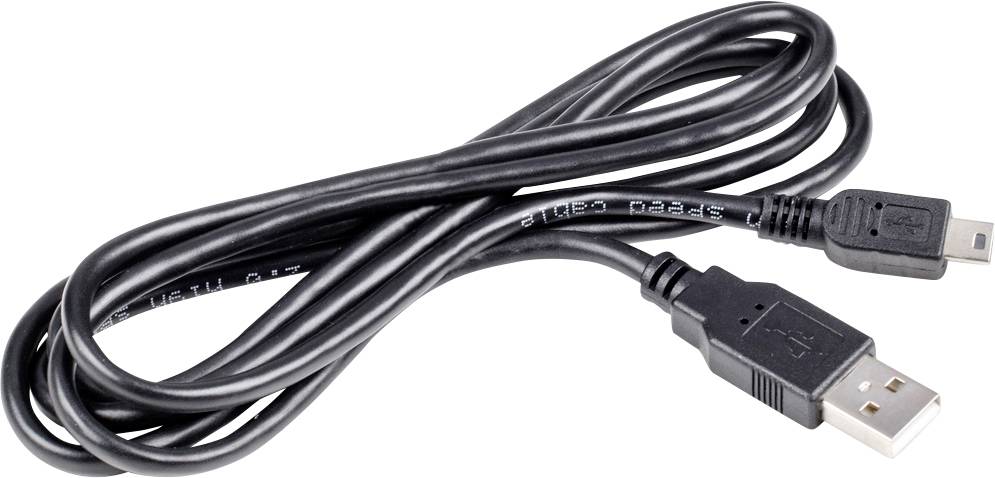 Črn USB kabel s standardnim USB vtičem na enem koncu in mini USB vtičem na drugem koncu.