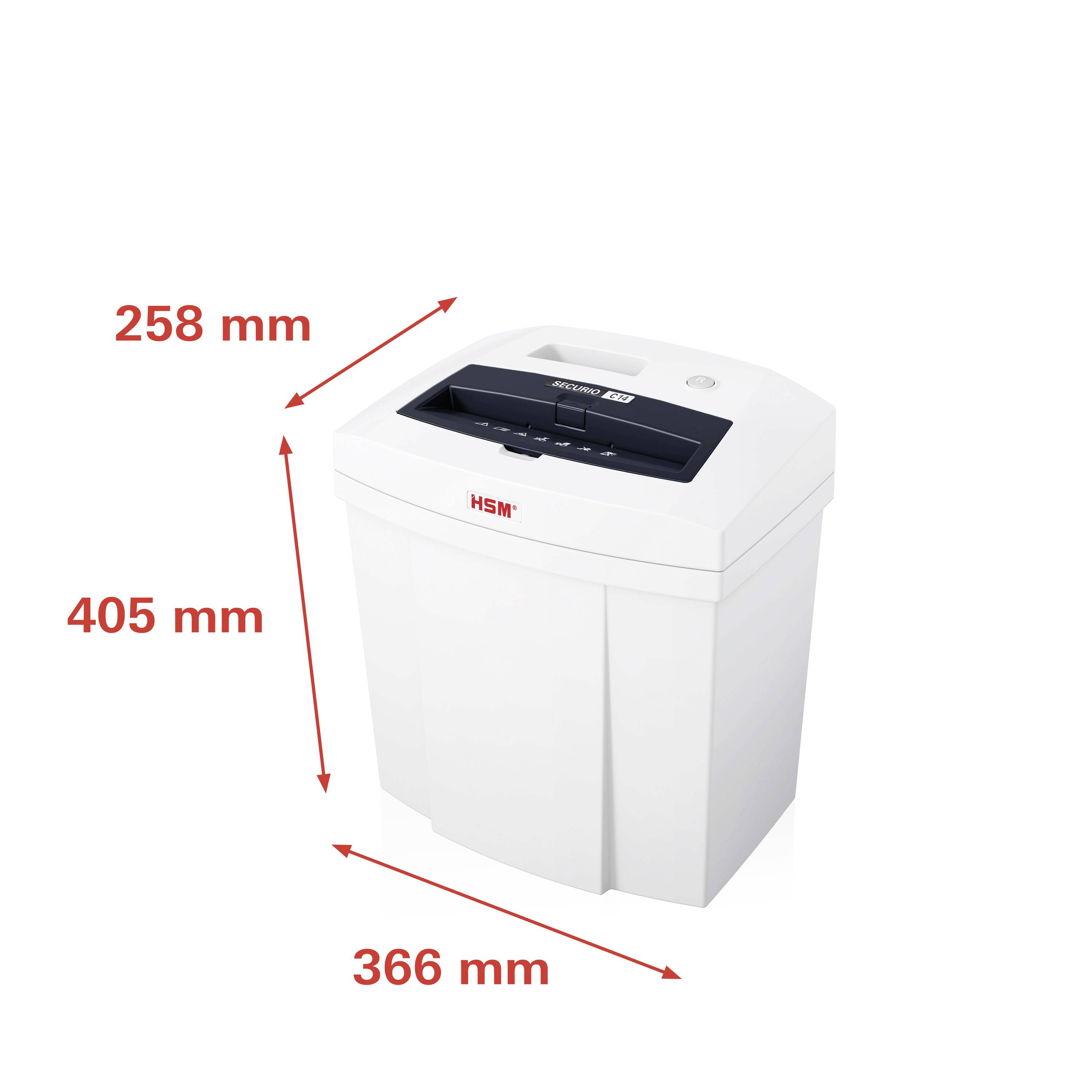Uničevalnik papirja z dimenzijami 258 mm širine, 405 mm višine in 366 mm globine.