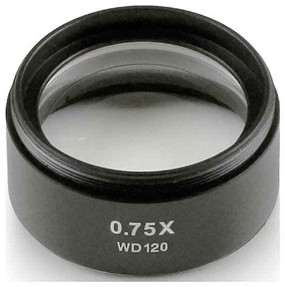 Črni mikroskopski objektiv z napisom '0.75X WD120', verjetno namenjen povečani predstavitvi ali optiki.