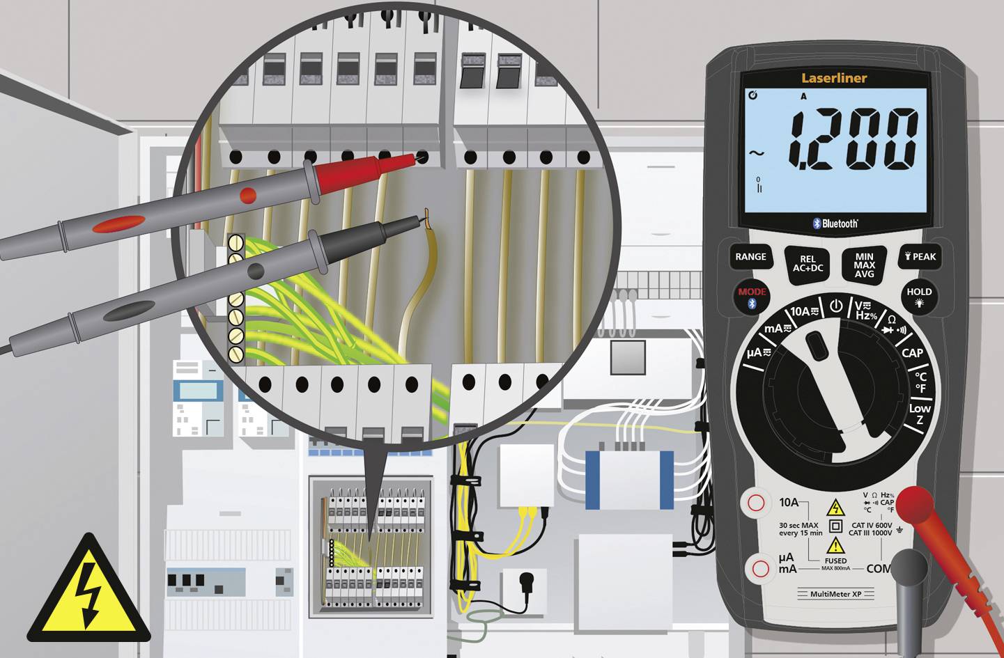 Merilna naprava z zaslonom 120,0, merilne konice v razdelilni omarici. Poudarek na električni meritvi. Opozorilni simbol za nevarnost elektrike.