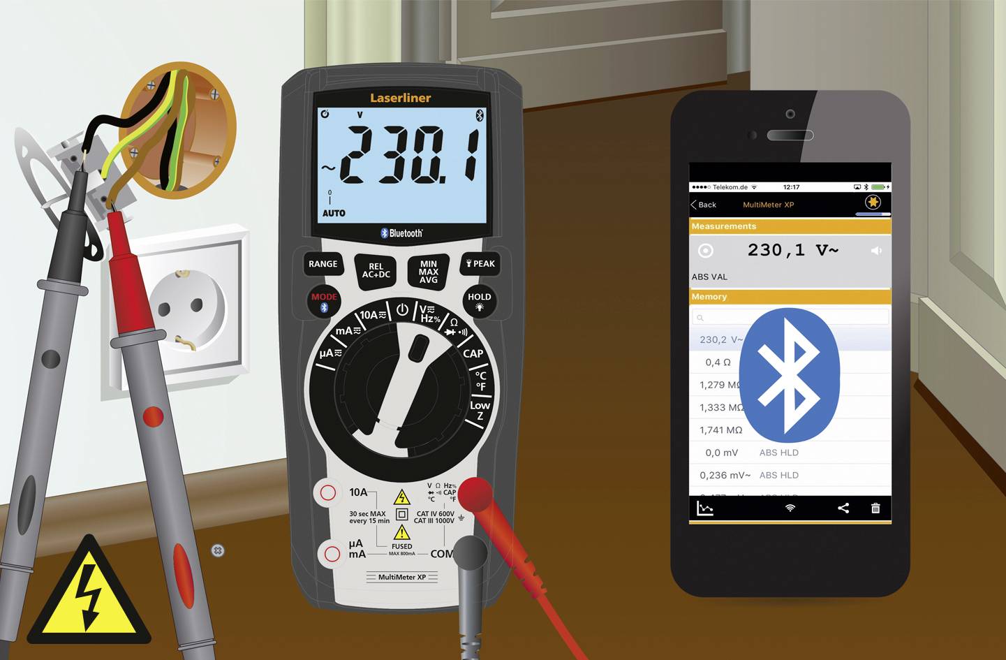 Digitalni voltmeter meri 230,1 voltov na električni vtičnici, povezan s pametnim telefonom preko Bluetootha. Varnostni znak: Nevarnost elektrike.