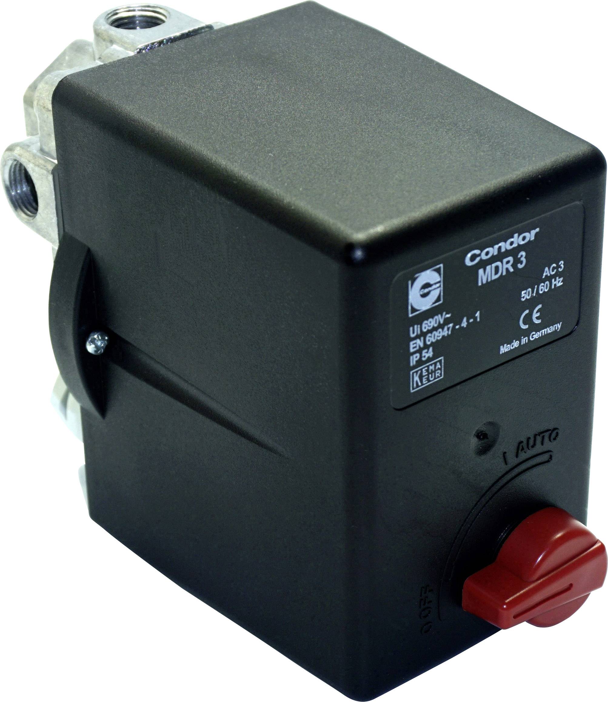Črni gumbi stikalni element z napisom 'Condor MDR 3', rdečim nastavitvenim gumbom in specifikacijami za napetost ter električni tok.
