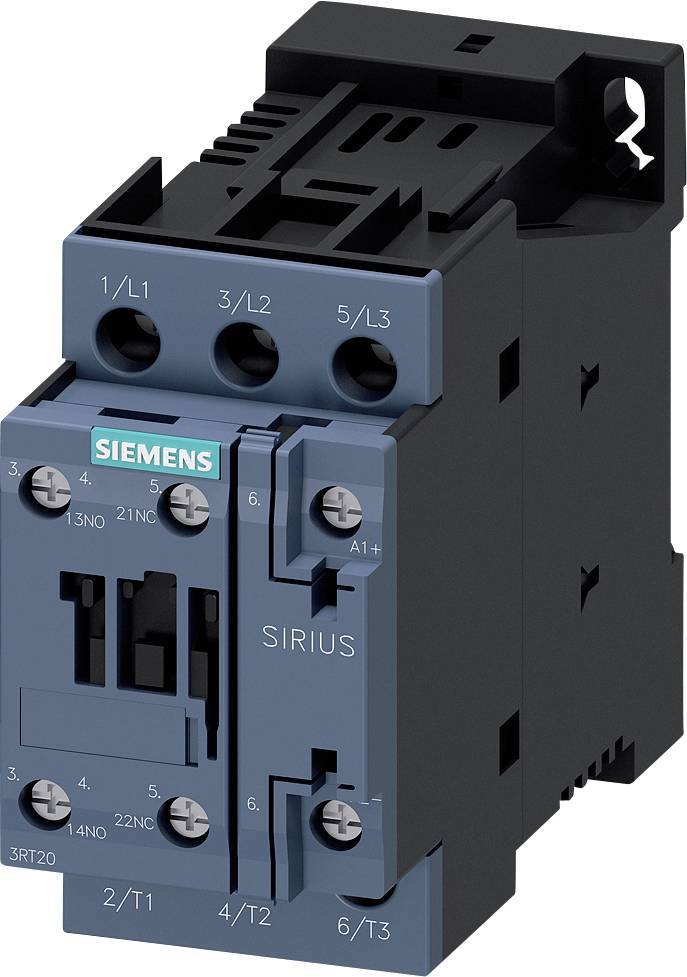 Črn in siv Siemensov kontaktor za električne krmilne sisteme, prepoznaven po oznaki 'SIRIUS' na sprednji strani.