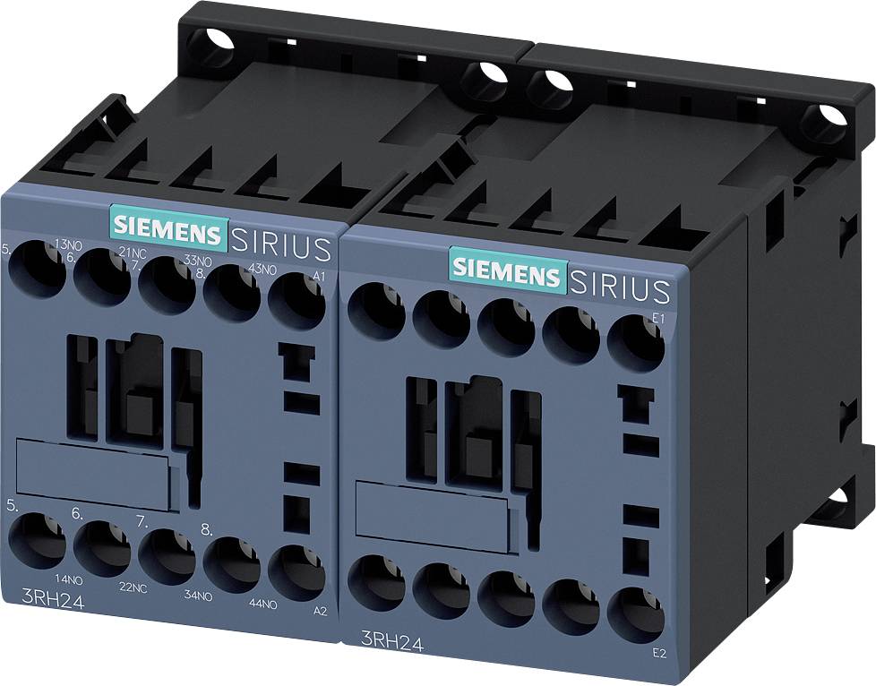 Siemensovi Sirius kontaktorski vložki, model 3RH24, z modro sprednjico in črnimi priključki, nameščeni na pritrjevalni letvi.