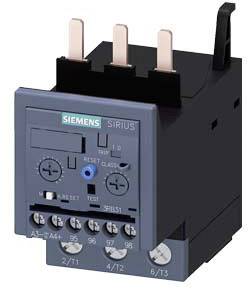 Siemensovo Sirius preobremenitveno relejevje s tremi priključki zgoraj. Naprava ima regulatorje in vijačne priključke za krmiljenje električnih naprav.