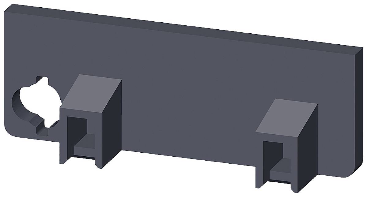 Črn, pravokoten plastični del z dvema kvadratnima nosilcema in nepravilno odprtino na levi strani.