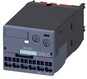 Stikalno napravo Siemens Sirius, pravokotne oblike, temno sive barve, z več priključnimi sponkami in dvema vrtljima regulatorjema na sprednji strani.