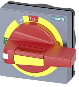 Rdeč varnostni gumb Siemens z rumenim krogom, označen z 'TRIP' in 'ON'. Gumb je v položaju 'ON'.