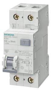 Dvopolni FI-stikalo znamke Siemens, model 5SU1, 40A, 30mA. Primerno za zaščito pred električnimi sunki v električnih napravah.