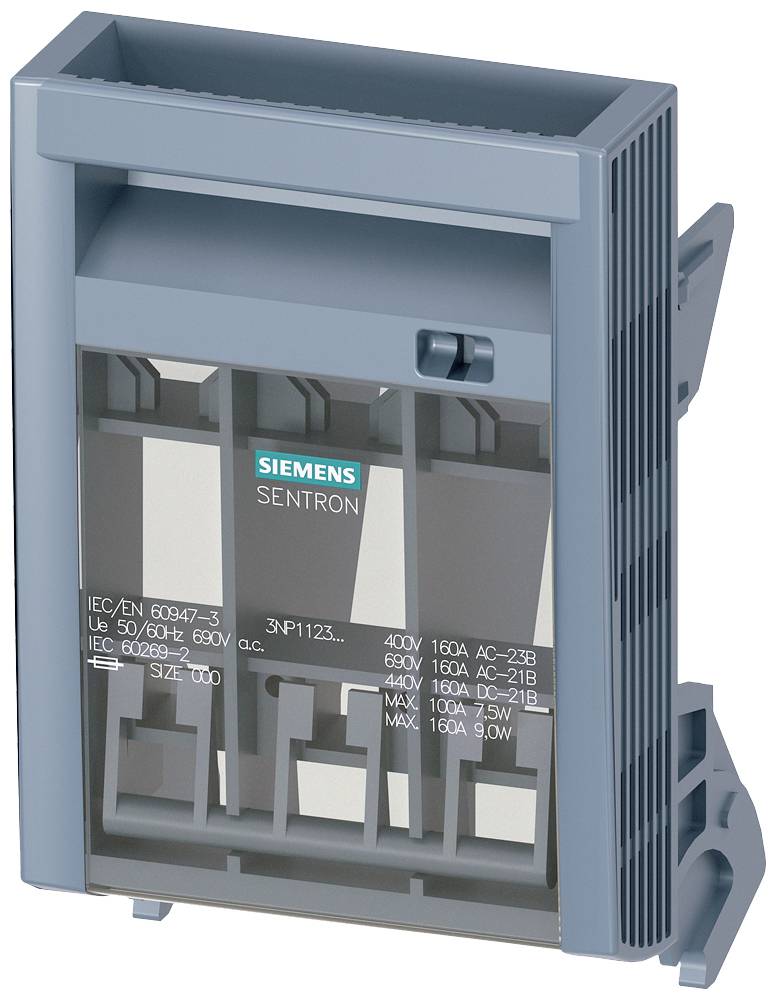 Ohišje Siemensovega stikala SENTRON, sivo, s tehničnimi podatki na sprednji strani. Namenjeno predvsem električni uporabi.