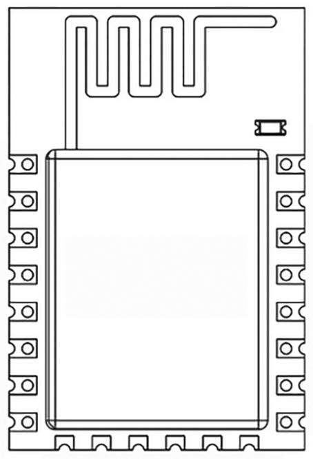Diagram mikrokontroverja z vgrajeno anteno. Zgoraj je vijugasta sled antene, spodaj pravokoten čip.