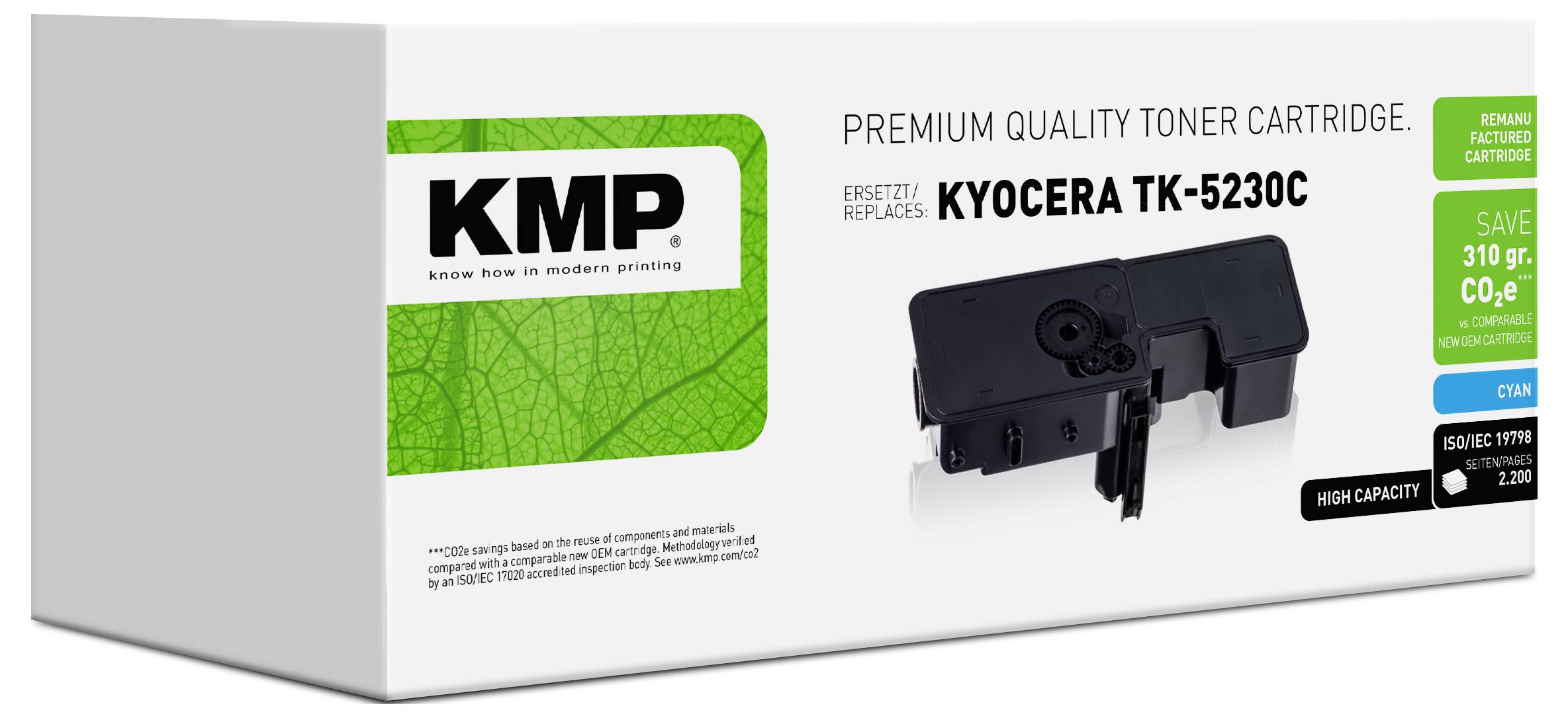 Škatla kakovostne tonerske črnila KMP za Kyocera TK-5230C, prikazana s sliko črnila in podrobnostmi zelene embalaže.