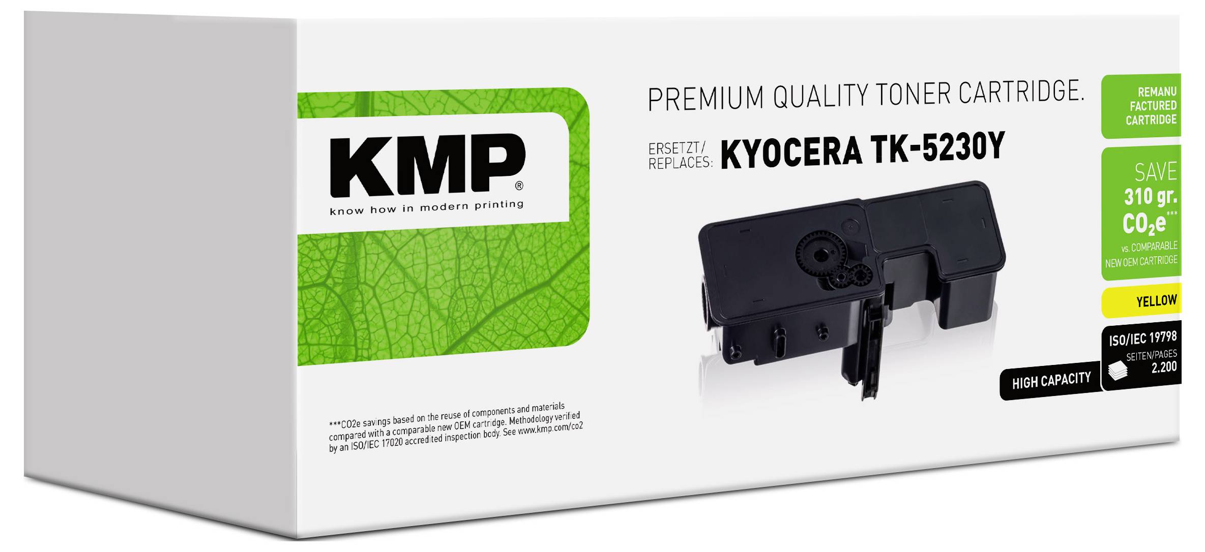 Škatla kakovostnega toner kartridža KMP za Kyocero TK-5230Y, s sliko kartridža in zeleno oznako »prihranite 310 gr. CO2e«.