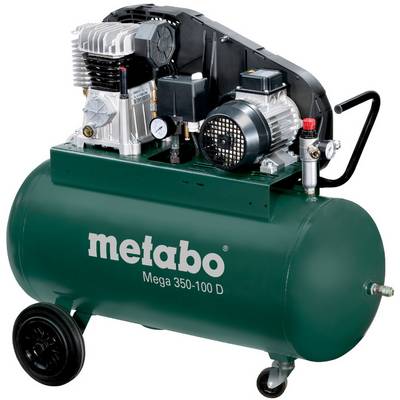 Metabo Mega 350-100 D prenosni kompresor zraka s zelenim rezervoarjem, motorjem, merilniki tlaka in kolesi.