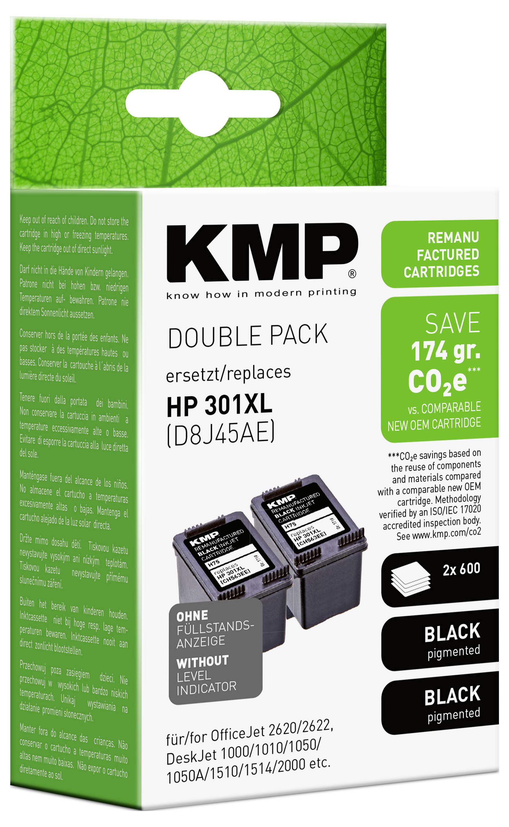 KMP dvojni paket črnih HP 301XL atramentnih kartuš, označenih 'varčevanje 174 g CO2', za tiskalnike OfficeJet in DeskJet.