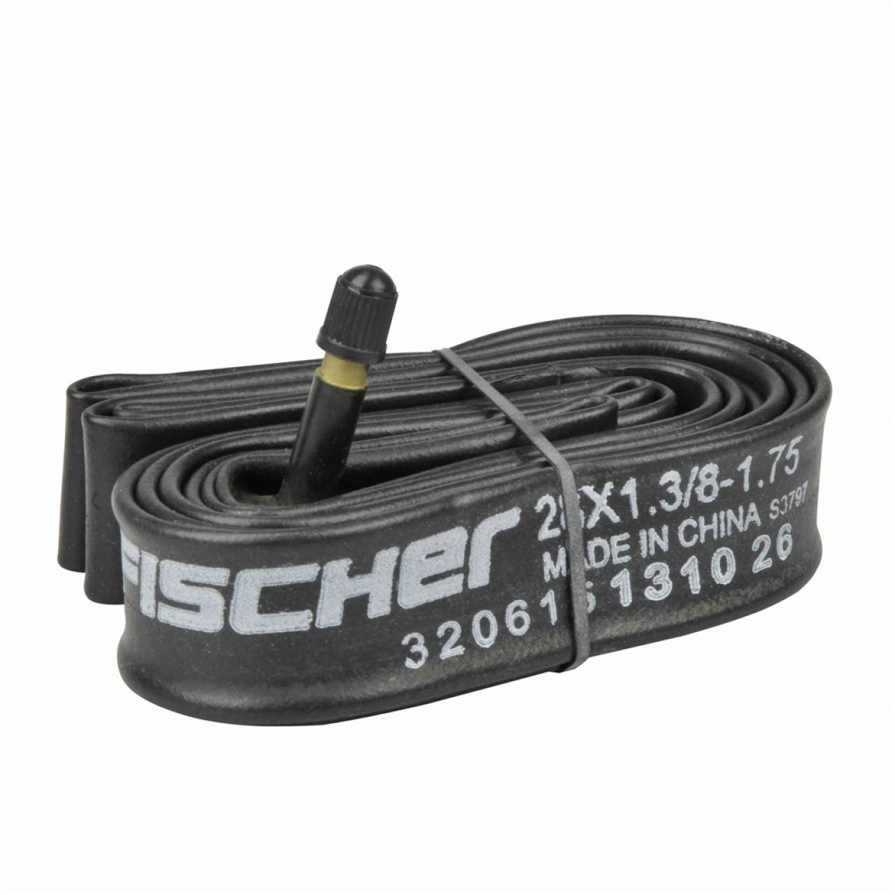 Kolesarska notranja guma znamke Fischer, velikost 26x1,3/8-1,75, izdelana na Kitajskem. Pakirana z vidnim ventilom.