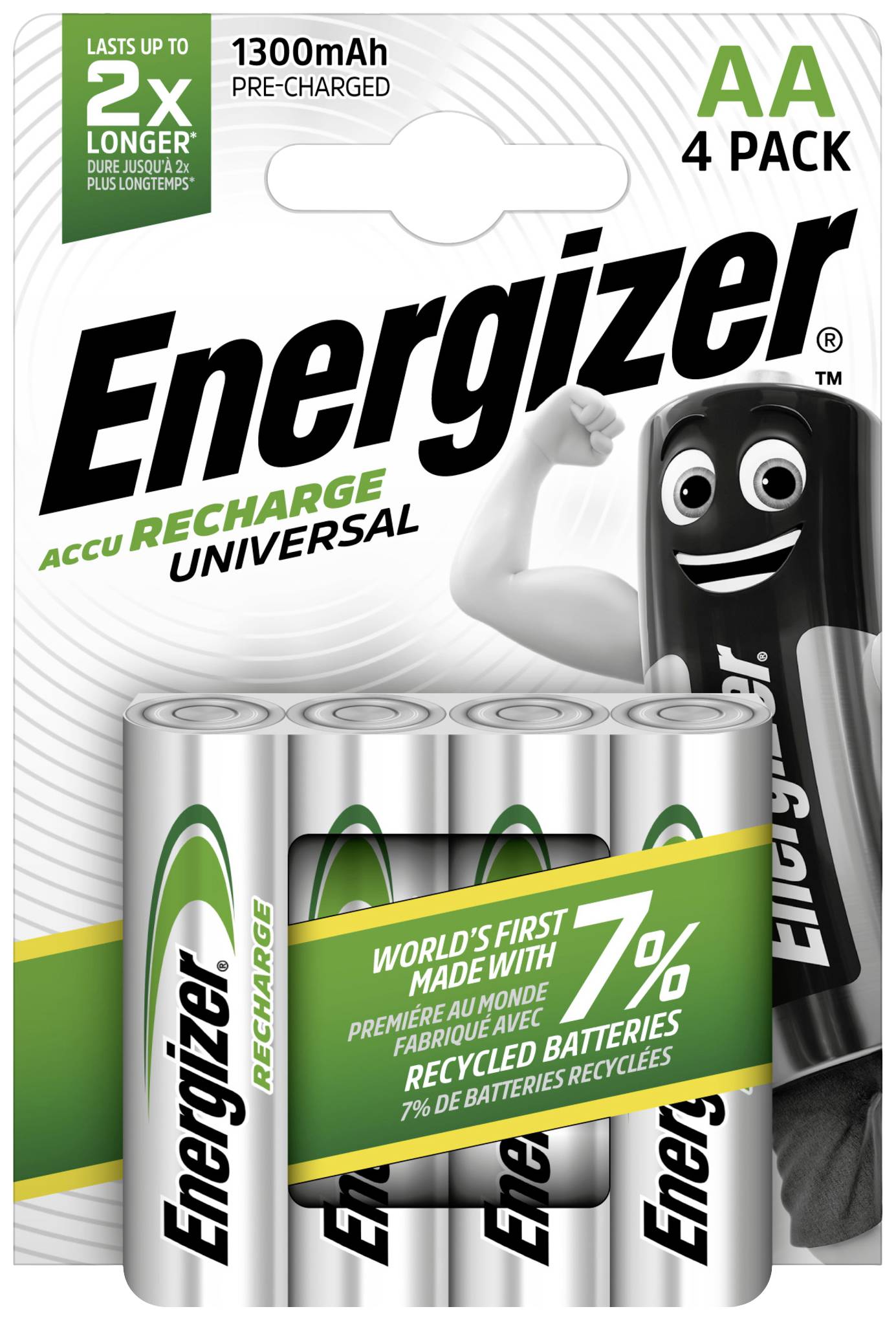 'Pakiranje Energizer AA akumulatorjev, 4-pack, ponovno polnjivi z 1300mAh. Izdelani z 7% recikliranih baterij. Do 2x daljša življenjska doba.'