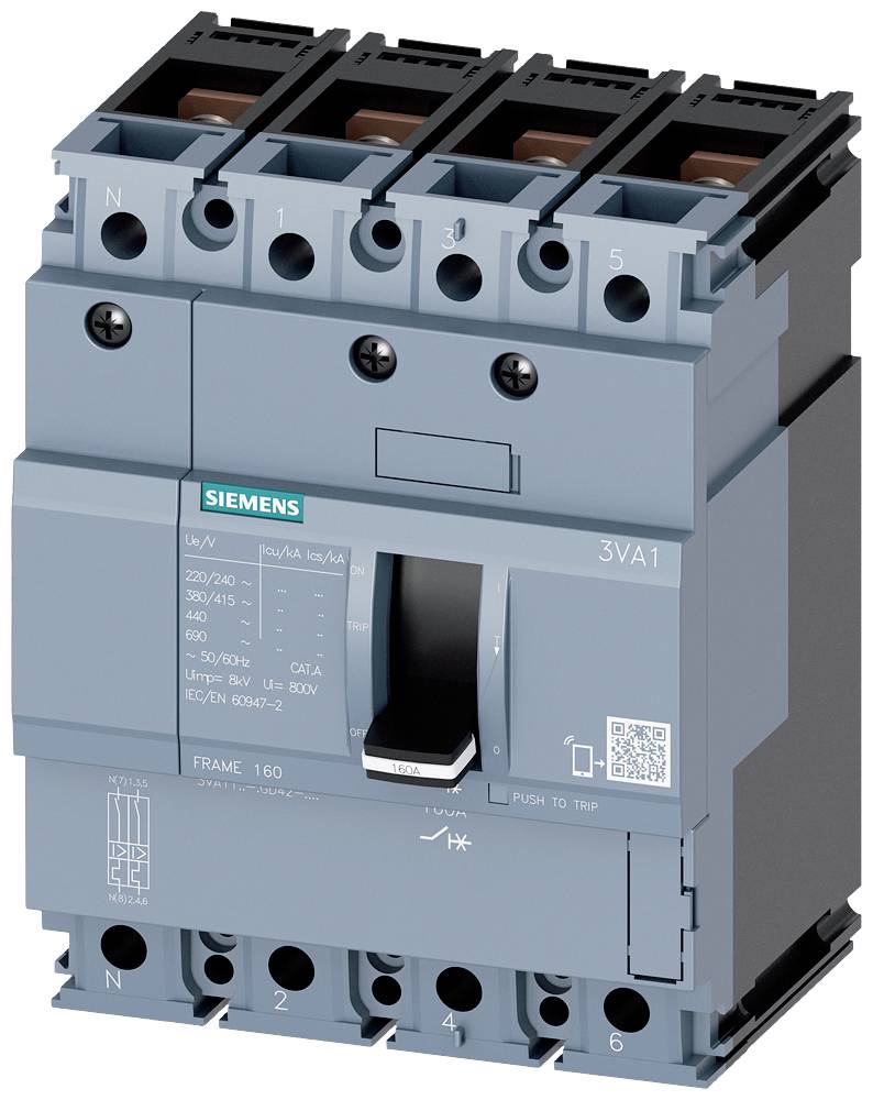 Siemensov močnostni odklopnik modela 3VA1, sive barve, z oznakami in simboli, primeren za različne električne aplikacije.
