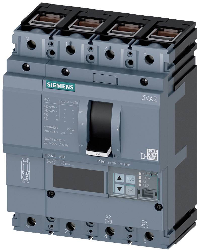 Prikaz preklopnika Siemens 3VA2 s štirimi preklopnimi potmi. Prisotna sta indikatorsko in upravljalno polje, namenjen industrijski uporabi.