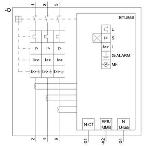 Shema električne vezave za krmiljenje z modulom ETU856. Prikazuje močnostne stikalnike in priključke za nadzor toka.