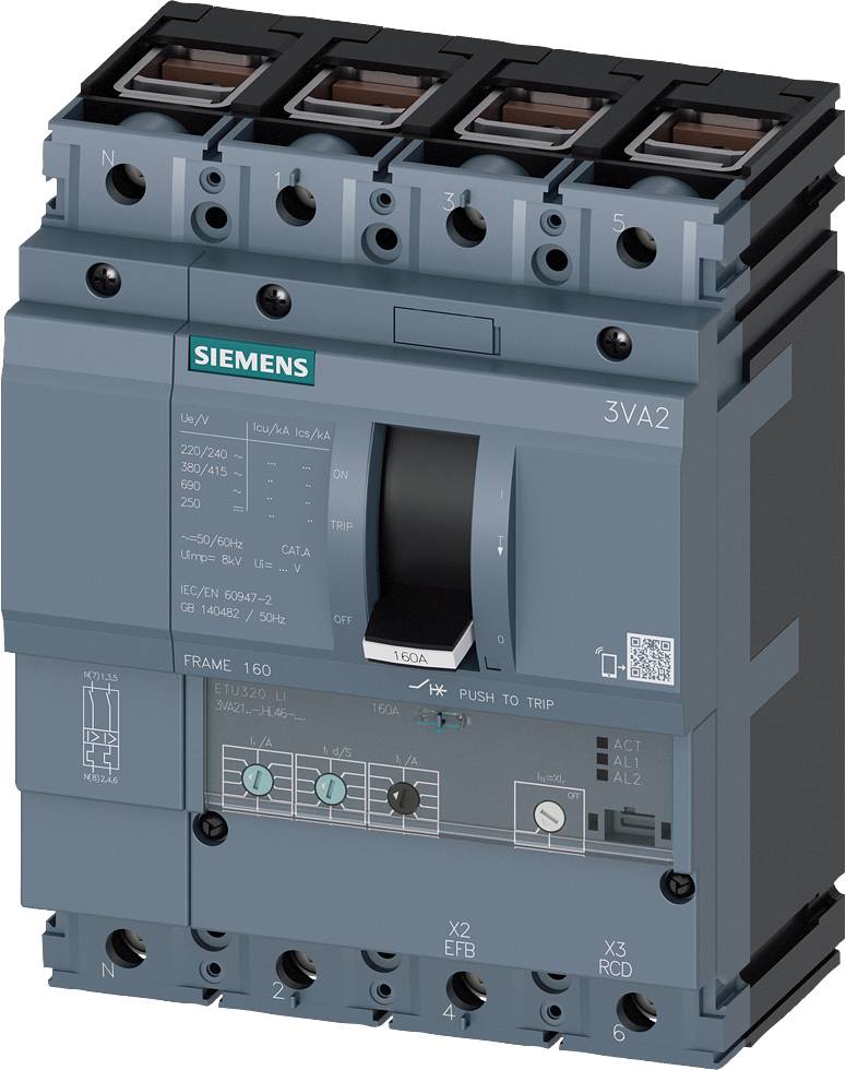 Siemensov 3VA2 močnostni odklopnik, primeren za zaščito in krmiljenje v električnih tokokrogih. Ohišje s tremi vhodnimi in izhodnimi priključki.