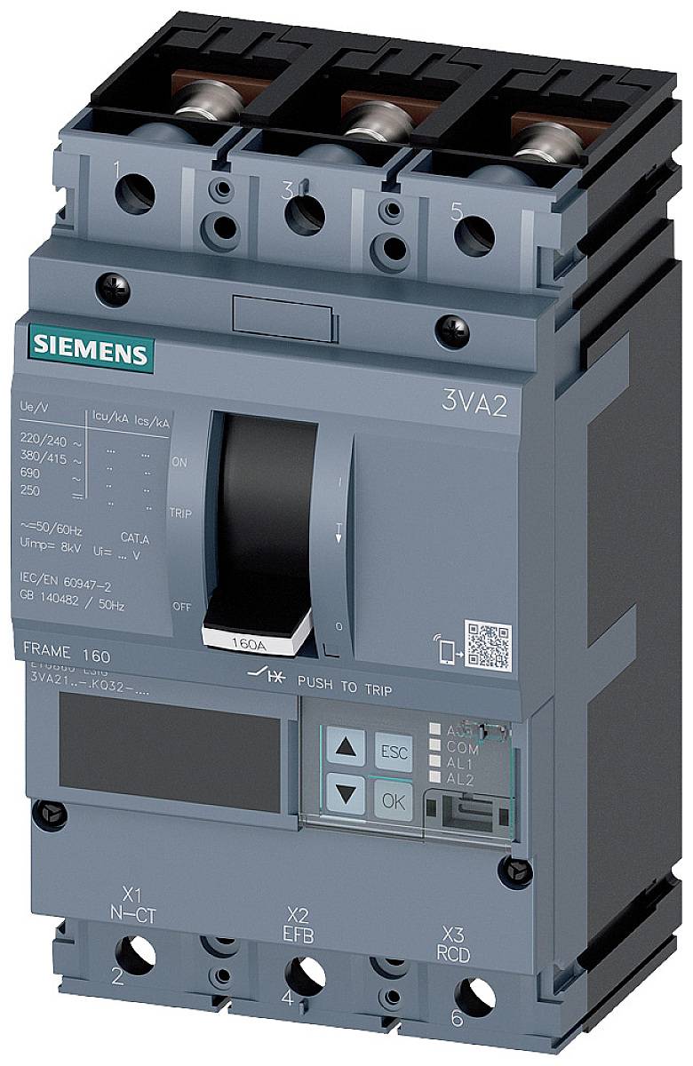 Stikalo za industrijo podjetja Siemens, model 3VA2, za upravljanje električnih sistemov, z ročico stikala in digitalnimi prikazovalnimi elementi.