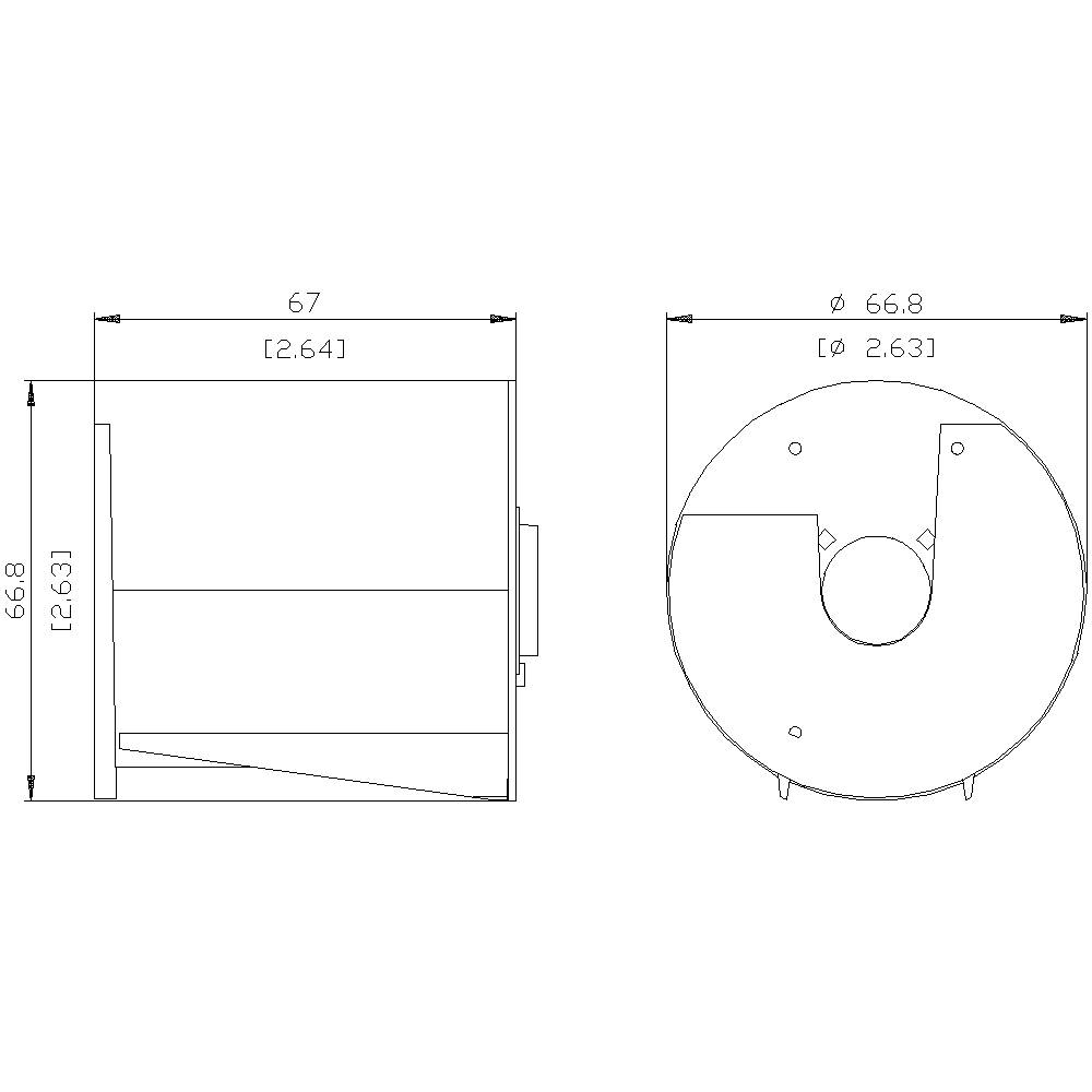 Tehnična risba okroglega ventilatorja s premerom 66,8 mm in višino 66,8 mm. Mere navedene v milimetrih in colih.