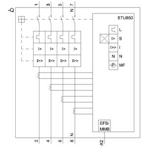 'Električna shema z modulom ETU850, označeni priključki in povezave s sponkami in vodniki, EFB/MMB spodaj.'