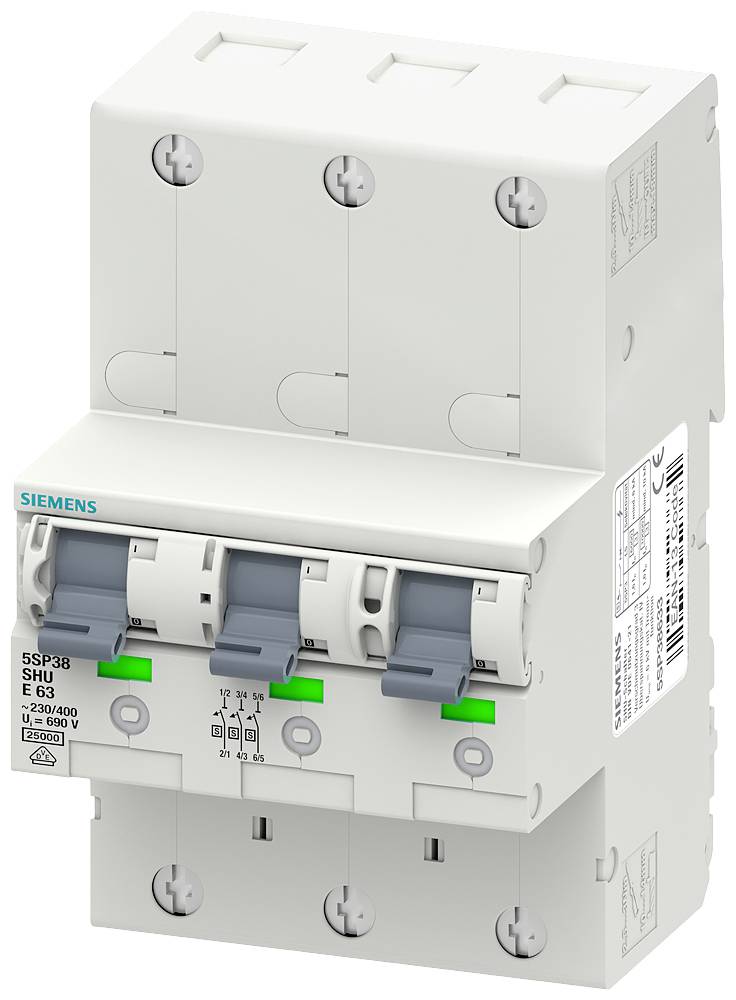 Tripolni odklopnik Siemens, primeren za 63 amperov, označen z napisom 'SENTRON' in 'Varovalka'.