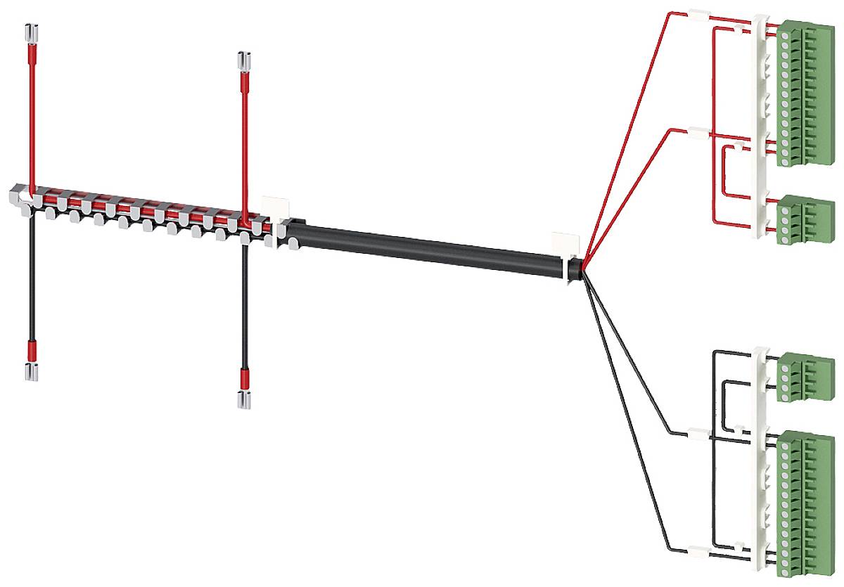 Diagram prikazuje kabelske povezave med razdelilno omarico in dvema zelenima priključnima moduloma. Vidni so rdeči in črni vodniki.